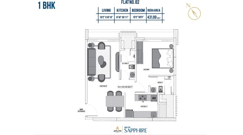 Aplite-Sapphire-Floor-plani-1 BHK- 431 Sqft